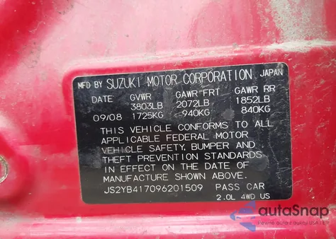 2009 Suzuki Sx4 Touring from USA, damaged, VIN JS2YB417096201509